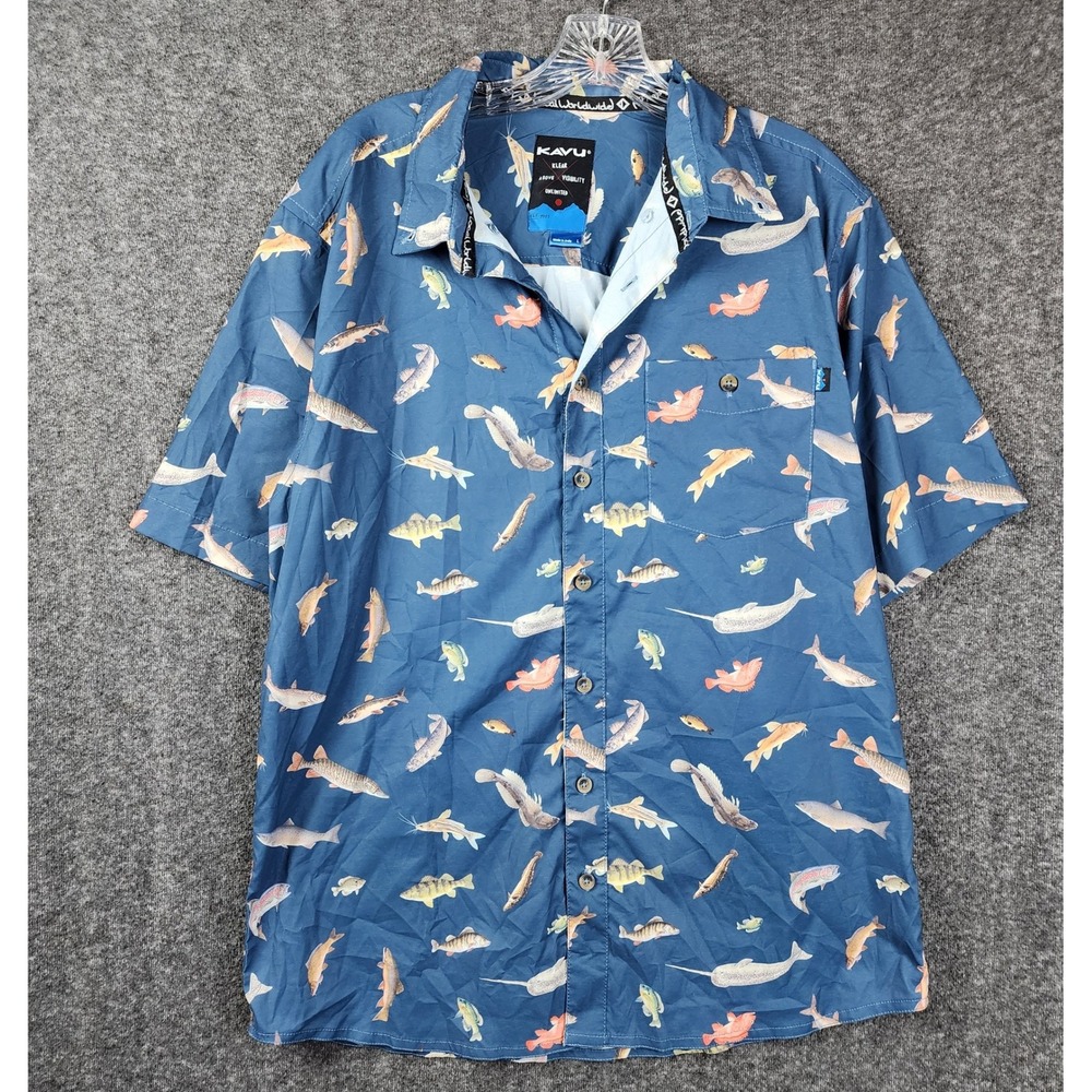 KAVU‎ Button Down Shirt Mens Large Blue Fish Print Short Sleeve Recycled Blend